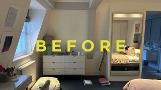 Image of a bedroom loft conversion with 'before' in neon yellow written across the middle.