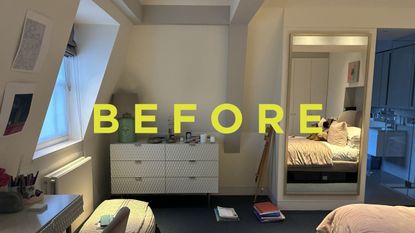 Image of a bedroom loft conversion with 'before' in neon yellow written across the middle.