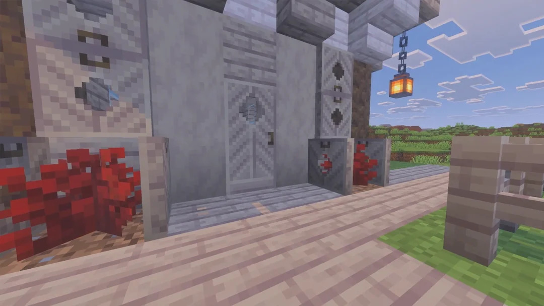 A Minecraft build showcasing the new Poplar wood door design, featuring distinctive diamond-shaped window details.