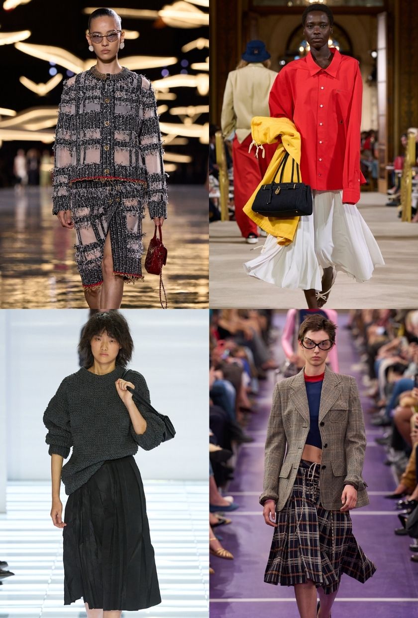 a model wearing a check Chanel skirt, a model wearing a white maxi Tommy Hilfiger skirt, a model wearing a black pleated Prada skirt, a model wearing a check Miu Miu skirt on the S/S 2027 runways