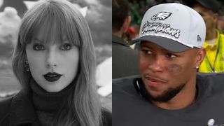 From left to right: Taylor Swift in black and white during the Fortnight video and Saquon Barkley right after the Super Bowl wearing a "Champions" hat. 