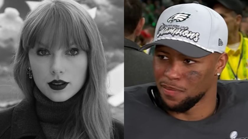 From left to right: Taylor Swift in black and white during the Fortnight video and Saquon Barkley right after the Super Bowl wearing a &quot;Champions&quot; hat. 