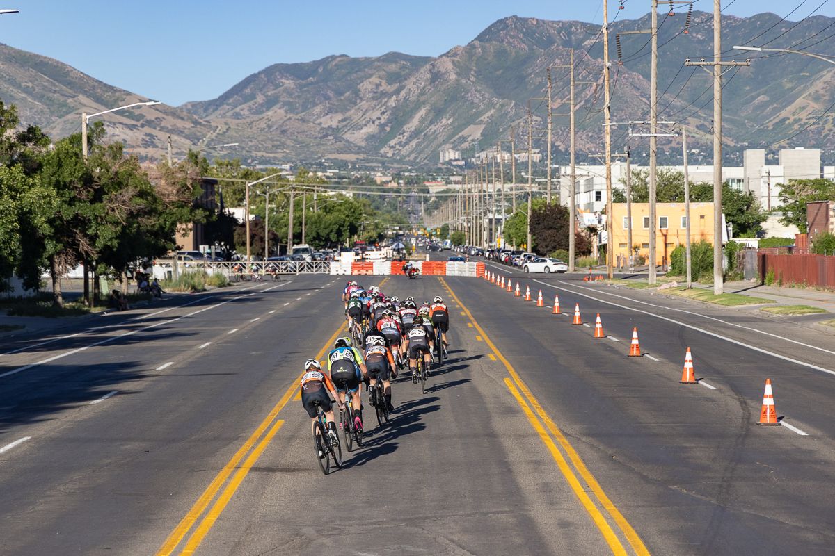 The Salt Lake CIty Criterium took place to the west of downtown with beautiful views of the Wasatch Mountains as the riders made the final turn onto the finishing straight.