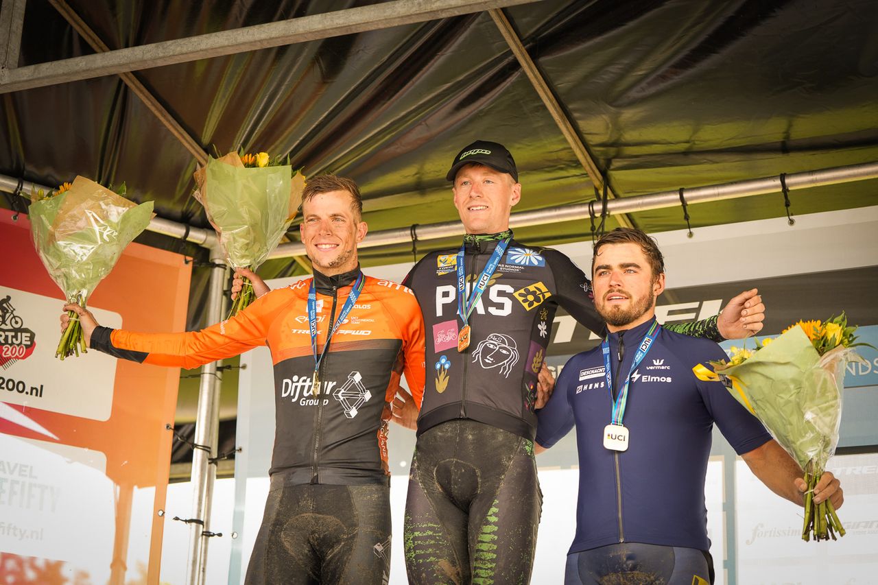 Gravel One Fifty 2024 men's elite podium with Thomas Mein first, Rick Ottema second and Brent Cl&eacute; third