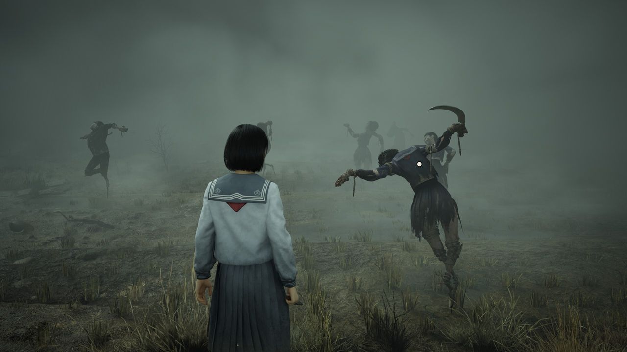 Silent Hill f scarecrow field puzzle: Hinako looking at a scarecrow with its head hanging down.