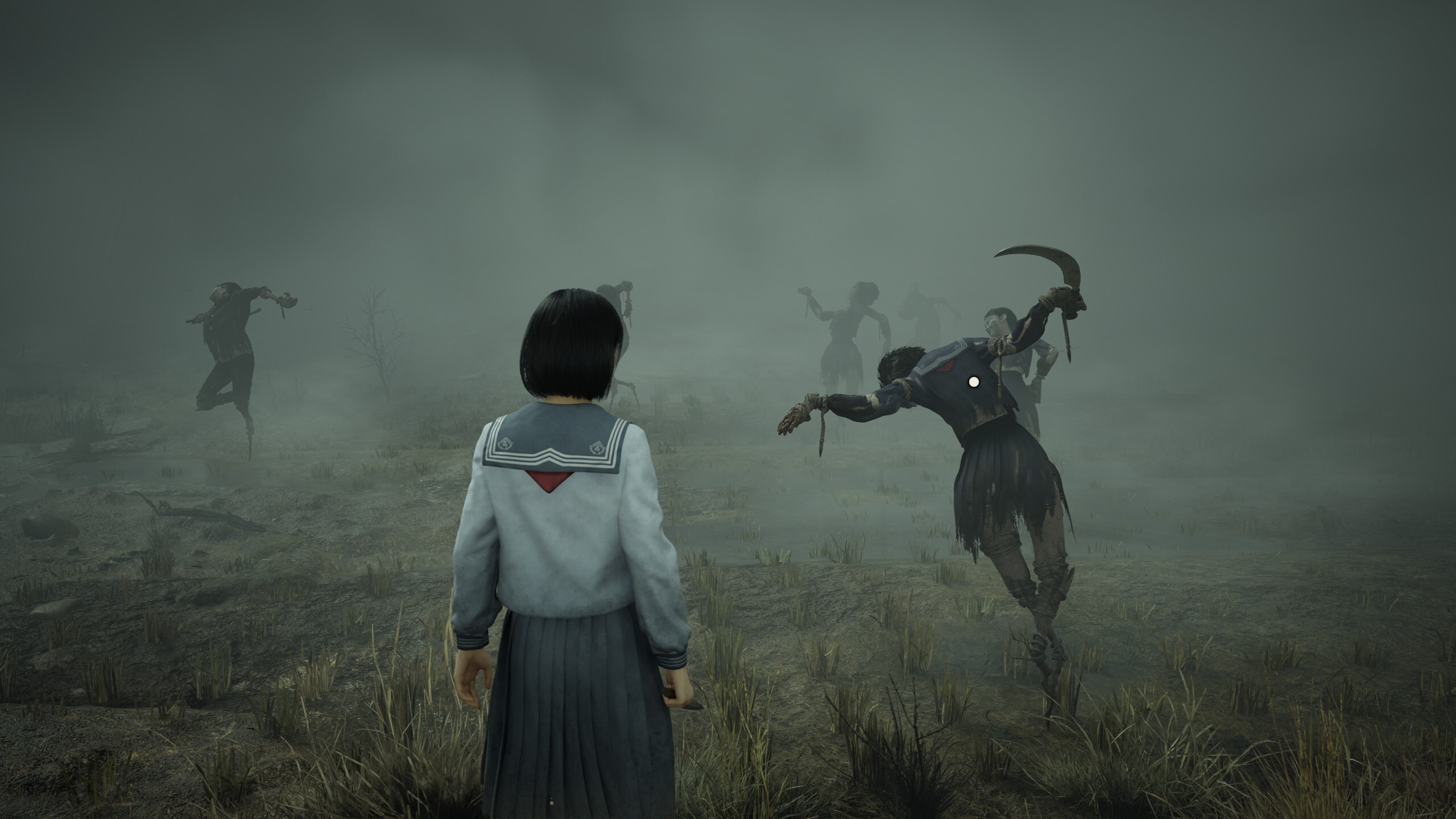 Silent Hill f scarecrow field puzzle: Hinako looking at a scarecrow with its head hanging down. 