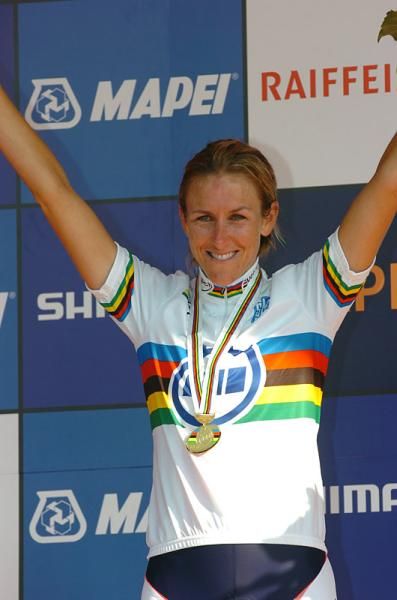 America's Kristin Armstrong celebrates her second world championship.