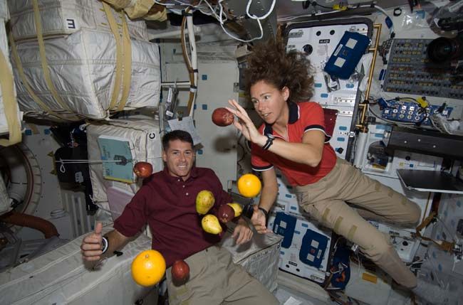 Astronauts Shane Kimbrough and Sandra Magnus, both STS-126 mission specialists, float with fresh fruit aboard Space Shuttle Endeavour on Nov. 16, 2008.