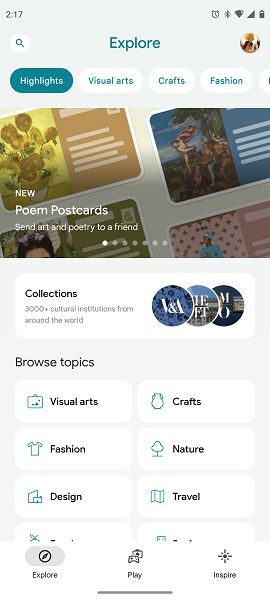 Google's redesigned Arts &amp; Culture app home Explore tab.
