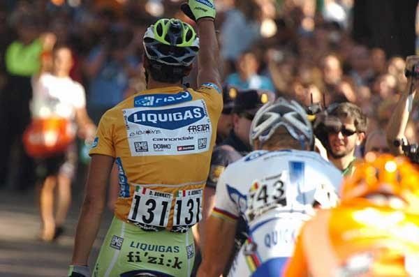 Italian Daniele Bennati (Liquigas) continues to celebrate as he heads on past.