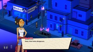 Fire Tonight: Maya stands at a road intersction where the streetlight is on fire. A dialogue box says 'Geez, that looks dangerous.'