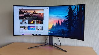 LG UltraGear 45GR95QE ultrawide gaming monitor from the front