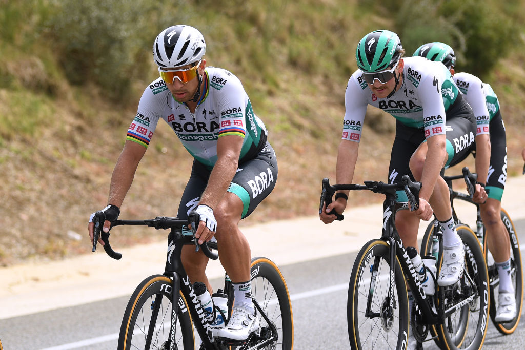 MATAR SPAIN MARCH 27 Peter Sagan of Slovakia Frederik Wandahl of Denmark and Team BORA Hansgrohe during the 100th Volta Ciclista a Catalunya 2021 Stage 6 a 1938km stage from Tarragona to Matar VoltaCatalunya100 on March 27 2021 in Matar Spain Photo by David RamosGetty Images