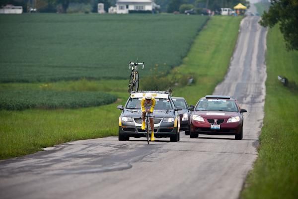 Michael Rogers (Columbia-HTC) passes by with the follow cars.