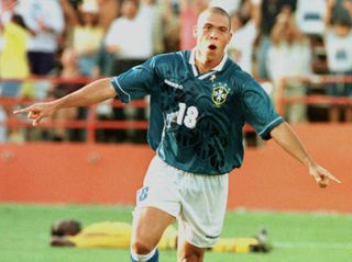 Ronaldo celebrates a goal for Brazil against Ghana at the 1996 Olympics.