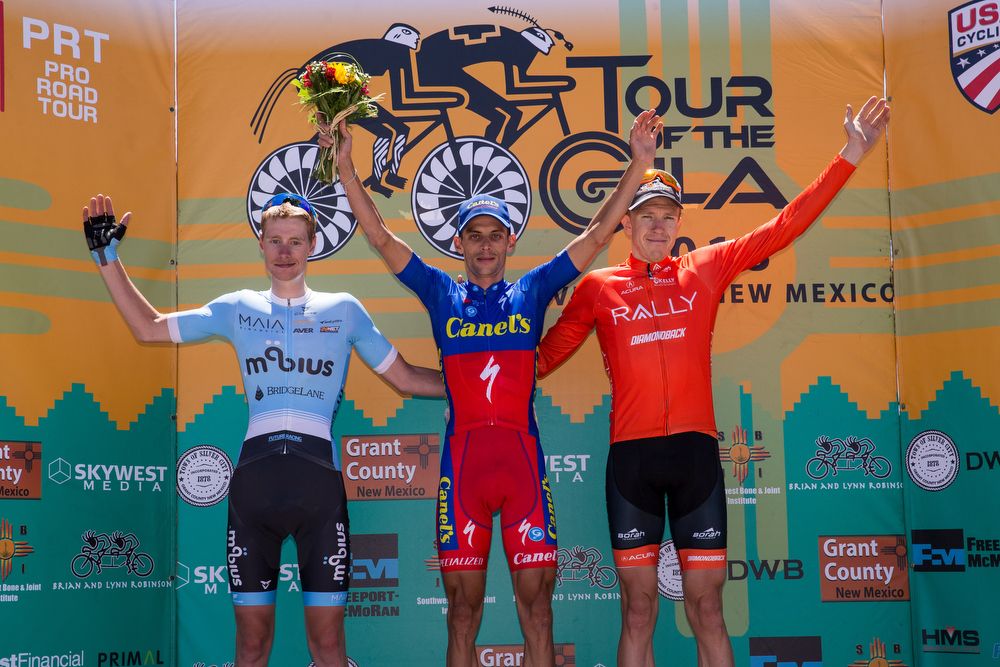 Alex Evan, Oscar Snachez and Rob Britton on the podium after stage 1 at Tour of the Gila