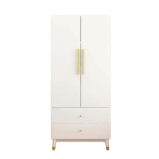 A white armoire with gold handles