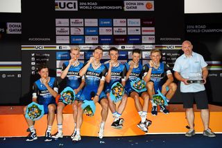 Etixx-QuickStep on the podium after winning the 2016 Worlds team time trial