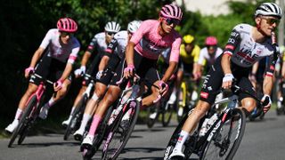 Isaac Del Toro riding in the Maglia Rosa as he looks to retain the Giro d'Italia lead.