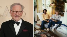 split screen of steven spielberg on the left and his living room on the right