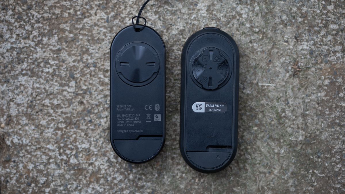 Magicshine Seemee 508 radar tail light rear of unit next to Garmin