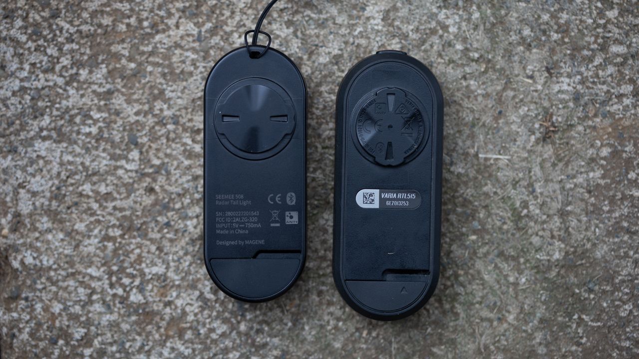 Magicshine Seemee 508 radar tail light rear of unit next to Garmin