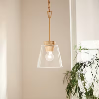 A clear pendant light with gold hardware