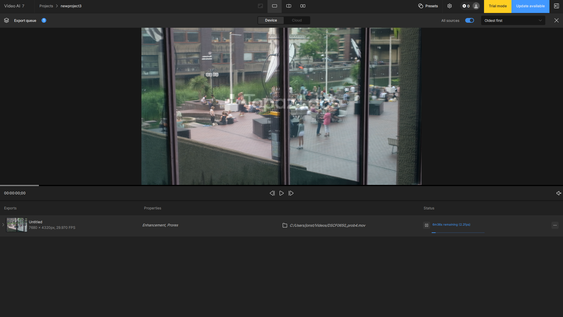 Screenshot of Topaz AI being used to upscale and render 8K footage.