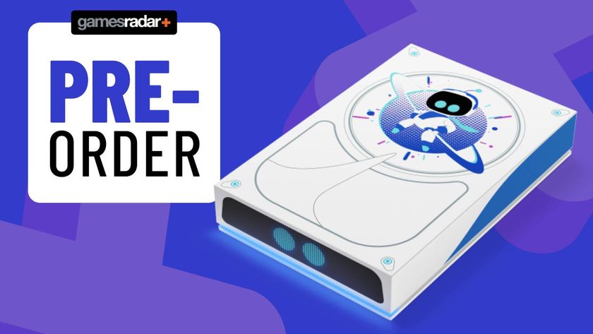 Image of the Astro Bot Seagate Game Drive sitting on a blue GamesRadar+ background.