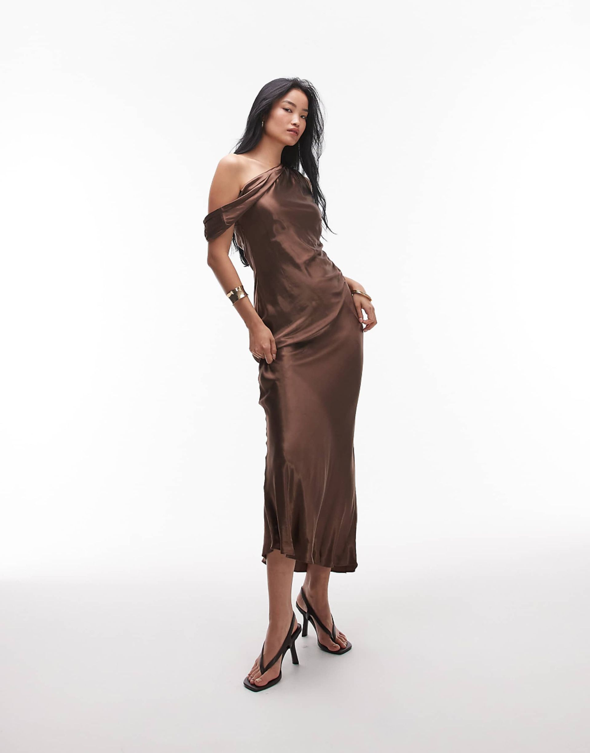 Topshop Drape Neck Off Shoulder Midi Occasion Dress in Chocolate
