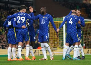 Chelsea players celebrate at Carrow Road