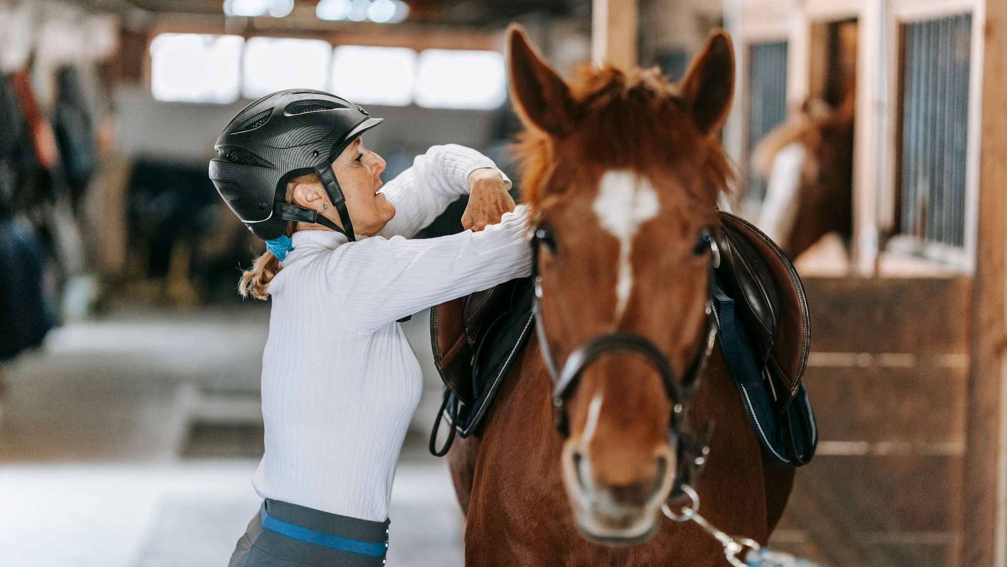 Image shows a rider in a light top tacking up a chestnut horse