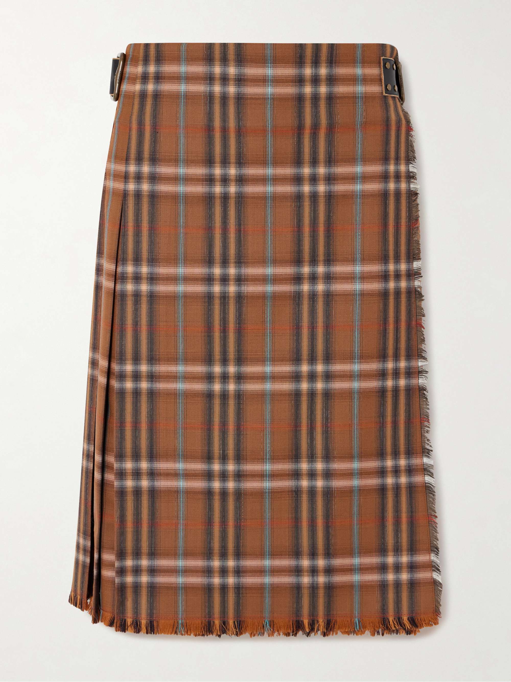 Belted Frayed Checked Wool Skirt