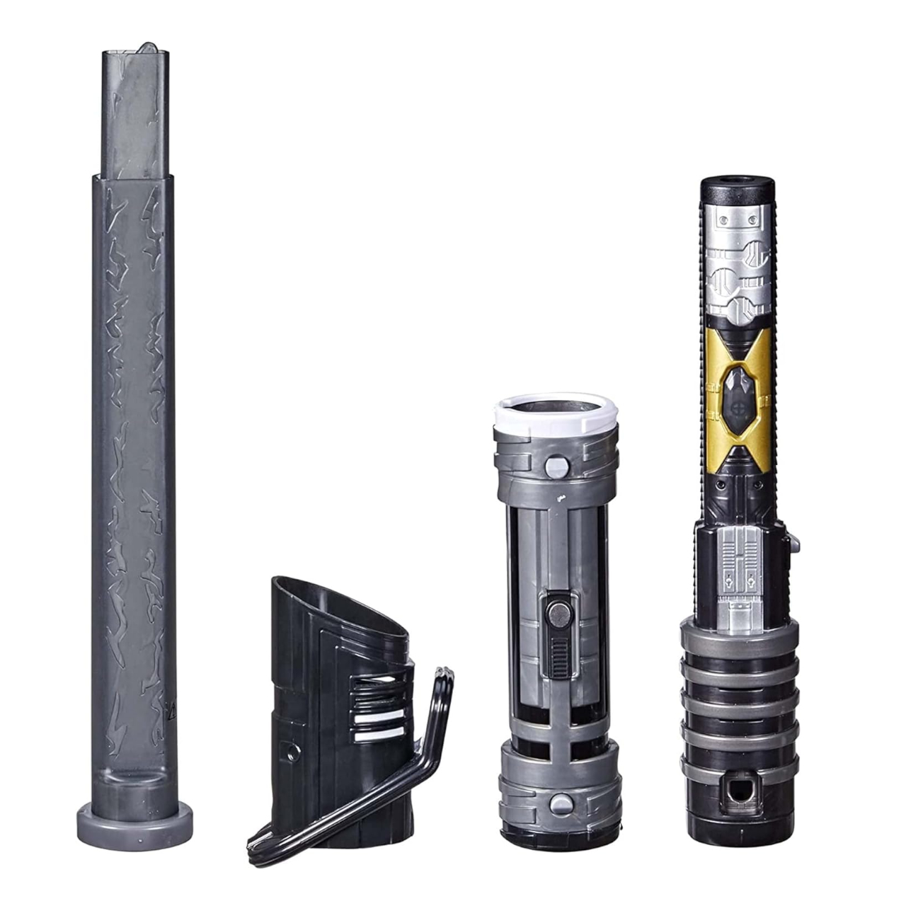 The Darksaber Lightsaber Forge toy in pieces against a plain background