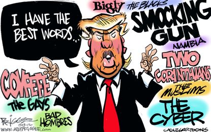 Political cartoon U.S. Trump best words grammar smocking gun covfefe