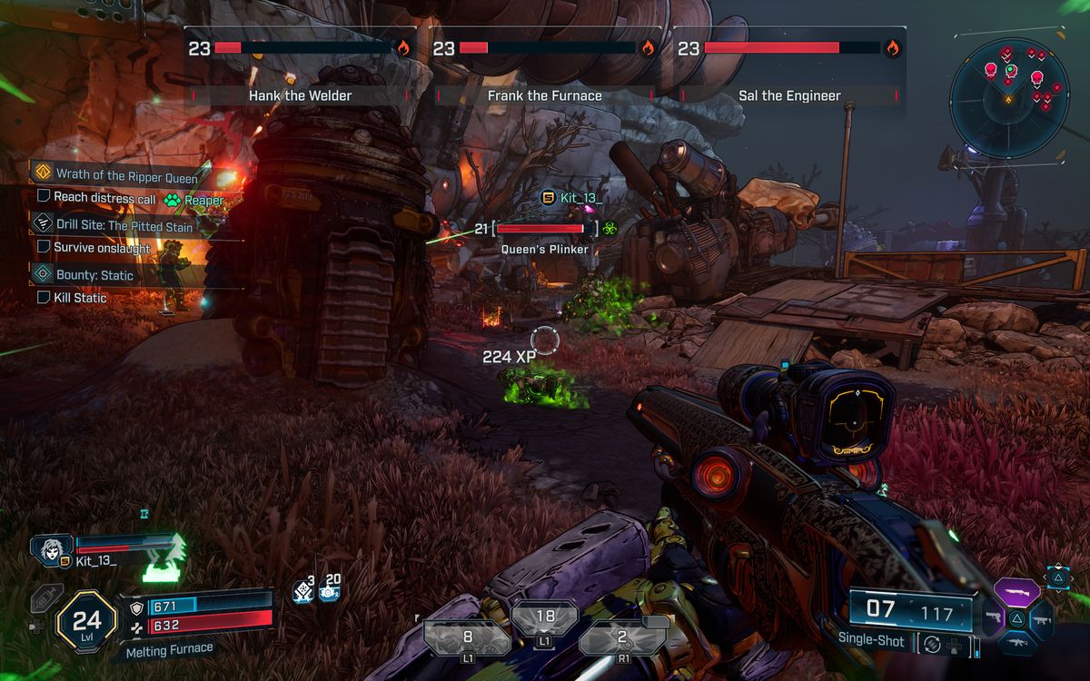 Borderlands 4 XP farms: A player holding a shotgun while fighting bosses in a drill site at night.