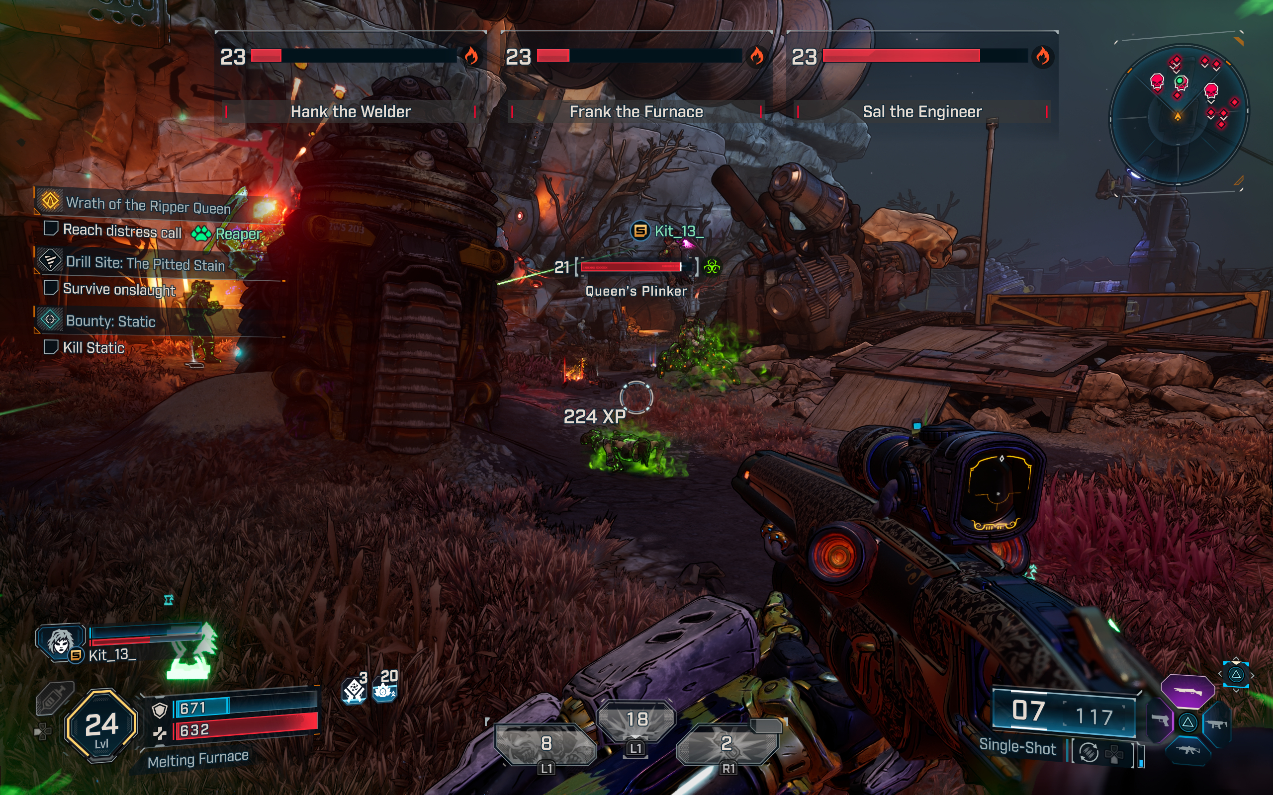 Borderlands 4 XP farms: A player holding a shotgun while fighting bosses in a drill site at night.
