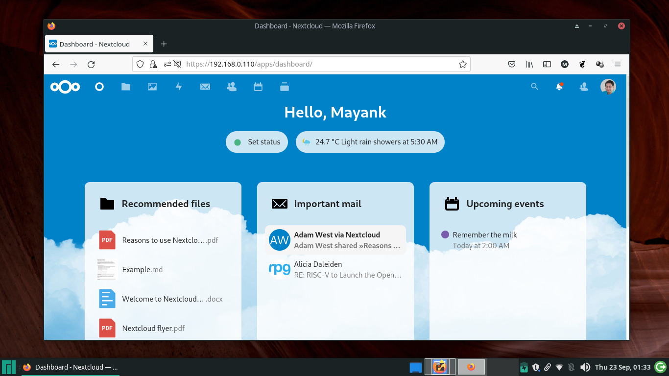 tangkapan layar dasbor Nextcloud