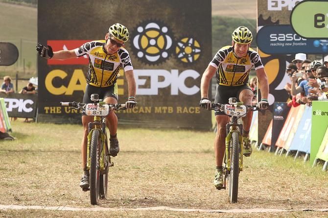 Yellow Jersey holders Robert Mennen and Kristian Hynek of Topeak-Ergon Racing finish in 3rd place during stage 4