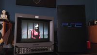 Original PS2 console on right and Sony PVM CRT TV on right with Silent Hill 2 intro featuring Maria on screen.