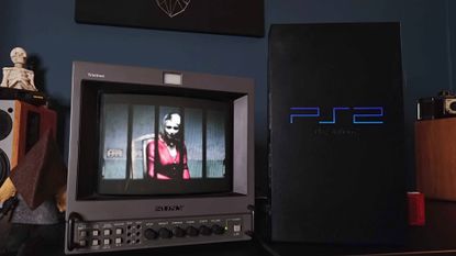 Original PS2 console on right and Sony PVM CRT TV on right with Silent Hill 2 intro featuring Maria on screen.