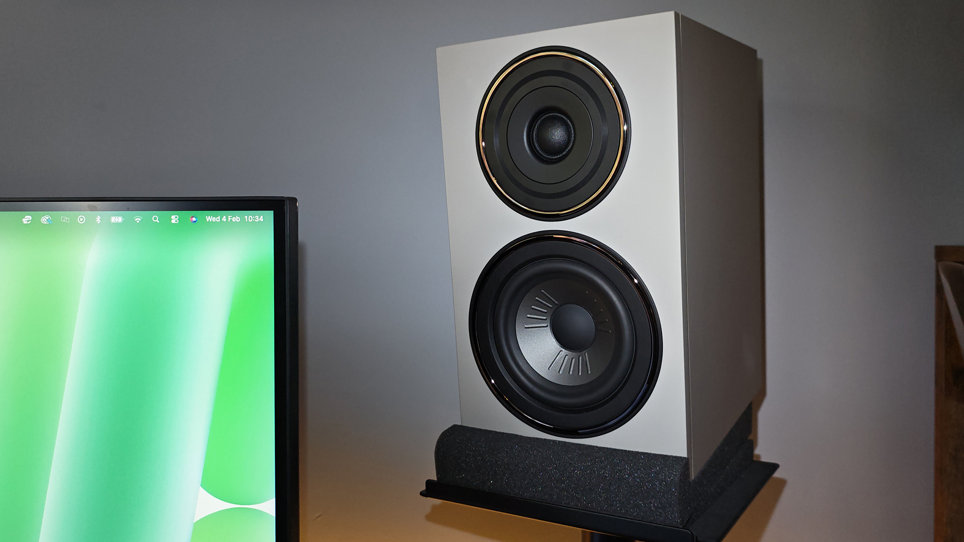 Photos of a home desktop with passive speakers and stackable DAC and amp. 