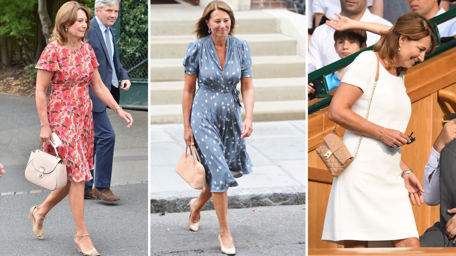 Composite of three pictures of Carole Middleton wearing neutral handbags
