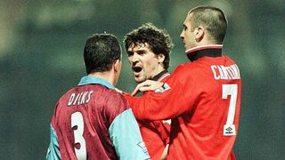 Julian Dicks in a confrontation with Roy Keane