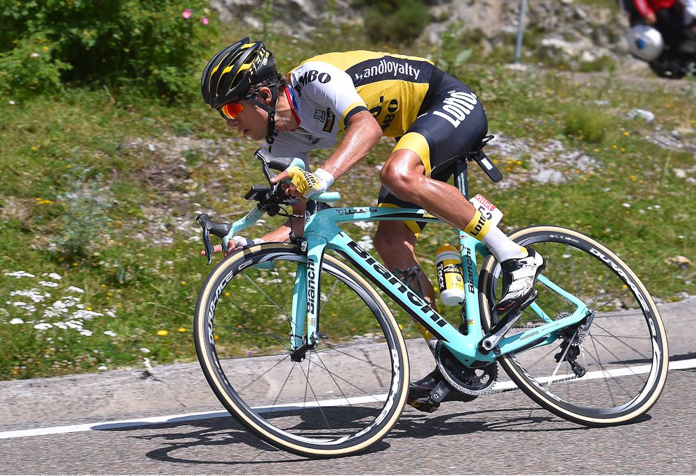 George Bennett descends during stage 9 at the Tour de France