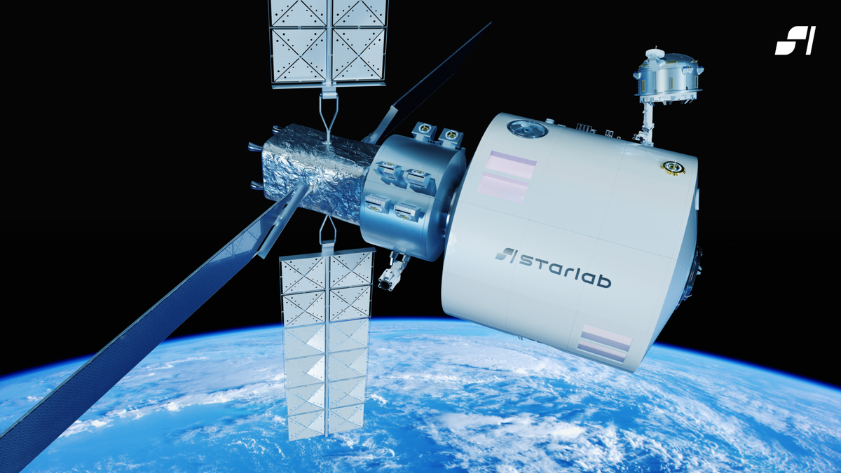 a space station floats above Earth. one end is a round white cylinder; the other is a cross-shaped arrangement of solar panels