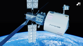 a space station floats above Earth. one end is a round white cylinder; the other is a cross-shaped arrangement of solar panels