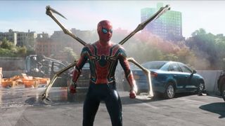 A screenshot of the Iron Spider suit in Spider-Man: No Way Home