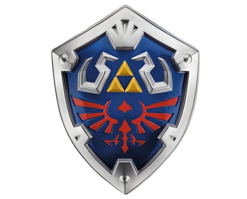 En sköld från The Legend of Zelda mot en vit bakgrund.