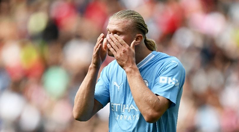 Manchester City&#039;s Erling Haaland looks frustrated after missing a penalty against Sheffield United in the Premier League in August 2023.